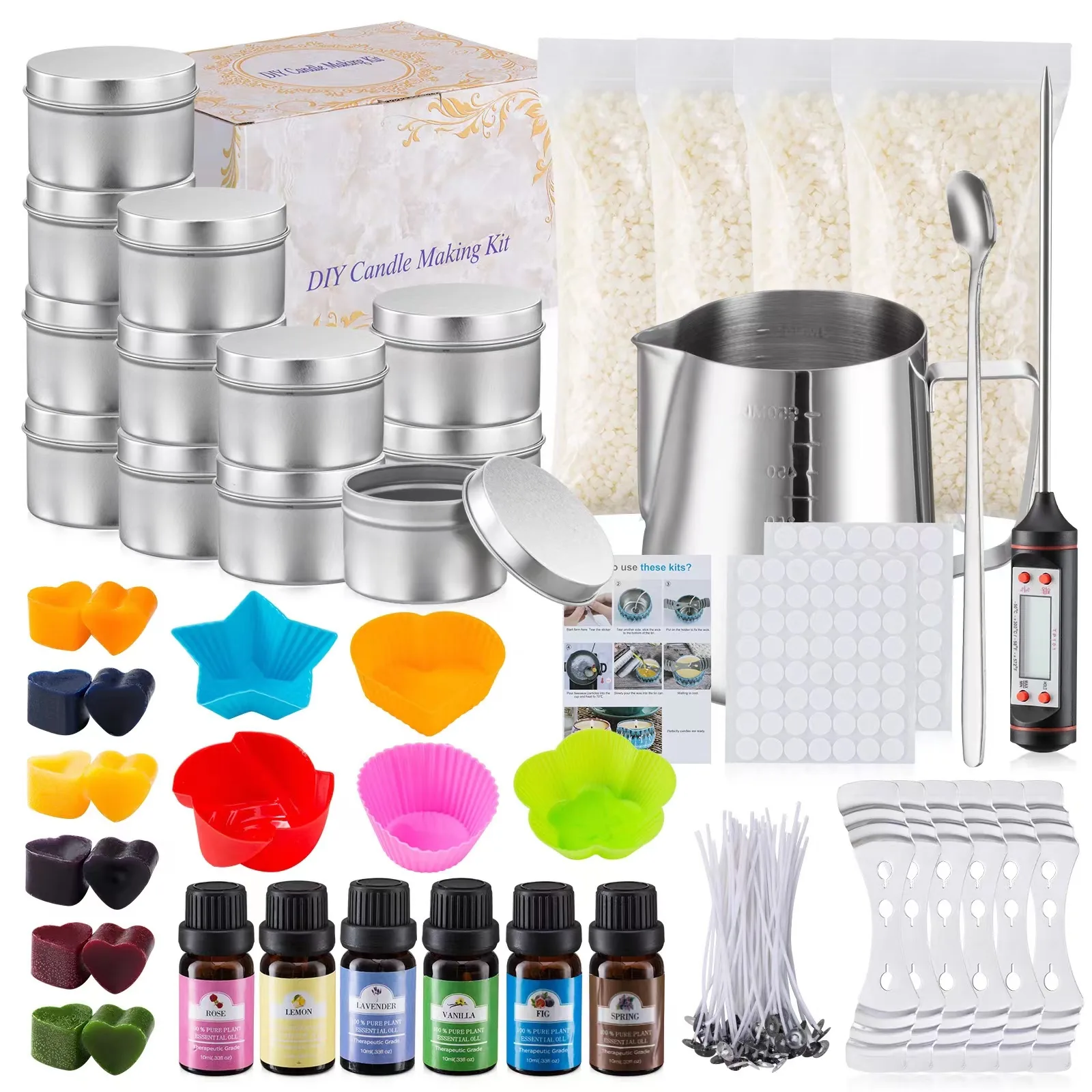 DIY candle making kit with soy wax, wicks and tins